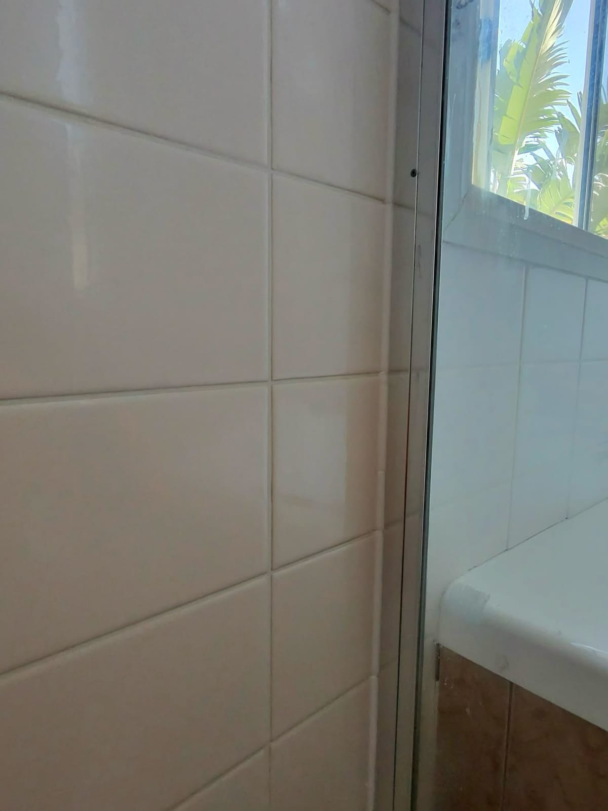 White shower wall tiles and corner junction after regrouting and resealing — Melbourne