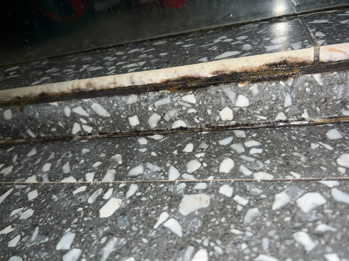 Commercial epoxy pointing detail on linear floor grate margin
